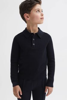Reiss Navy Holms Junior Merino Wool Polo Shirt (973087) | $63