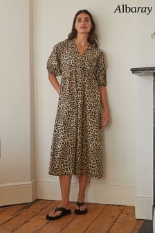 Sukienka midi Albaray z bawełny organicznej ze zwierzęcym nadrukiem i dekoltem w szpic (974456) | 695 zł