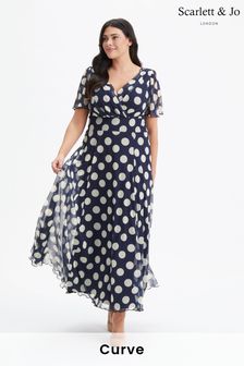 Scarlett & Jo Navy Blue White Polka Dot Isabelle Angel Sleeve Maxi Dress (975217) | 470 QAR