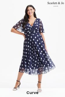 Scarlett & Jo Blue Carole Wrap Bodice Sunray Pleated Midi Dress (975223) | SGD 194