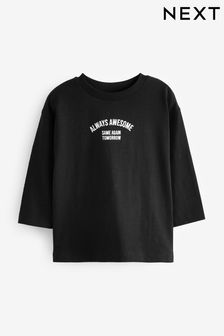 Black Slogan 100% Cotton Long Sleeve Semi Plain T-Shirt (3mths-7yrs) (975570) | €6 - €9