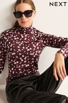 Berry Red Ditsy Floral Long Sleeve Roll Neck Top (975767) | €7