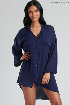South Beach Navy Blue Crinkle Viscose Nehru Collar Beach Shirt with Pockets (976092) | HK$308