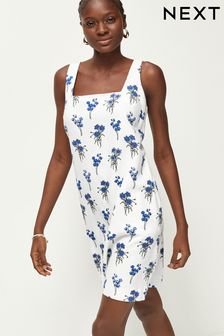 White/Blue Square Neck Shift Mini Dress With Linen (977390) | $38