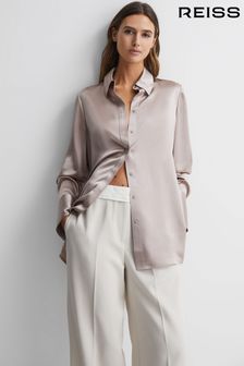 Reiss Champagne Lola Oversized Silk Button Through Shirt (978592) | AED1,642