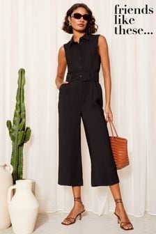 Negru - Friends Like These Sleeveless Utility Button Front Tie Waist Jumpsuit (979175) | 225 LEI