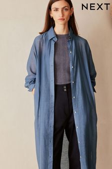 Blue TENCEL™ Blend Belted Shirt Dress with Linen (979565) | KRW77,600