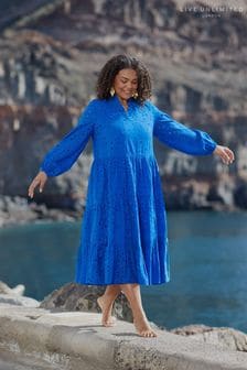 Modra bombažna srednje dolga obleka z vezenino za močnejše postave Live Unlimited (979664) | €62