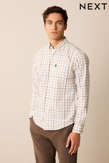 Ecru White/Blue Tattersall Regular Fit Easy Iron Button Down Oxford Shirt (979977) | SGD 37