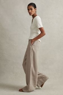 Reiss Light Khaki Demi Linen Wide Leg Garment Dyed Trousers (980239) | LEI 1,238
