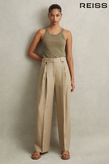 Reiss Light Khaki Leila Linen Front Pleat Trousers (980291) | SGD 491