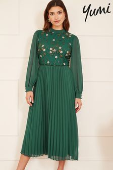 Yumi Green Embroidered Long Sleeve Pleated Midi Dress (980792) | $87