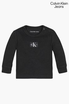 Черная футболка в рубчик с длинными рукавами и монограммой Calvin Klein Jeans (981417) | €20