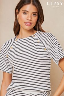 Lipsy White Navy Blue Stripe Crochet Button Short Sleeves Round Neck T-Shirt (981897) | KRW56,300