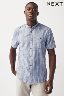 Blue Grandad Collar Textured Stripe Short Sleeve Shirt With Grandad Collar (981924) | $45