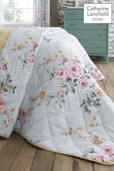 Catherine Lansfield Duck Egg Blue Reversible Canterbury Floral Quilted Bedspread (982080) | $72