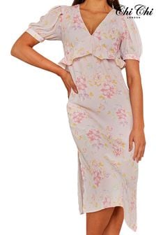 Chi Chi London Pink Short Sleeve Floral Printed Midi Summer Dress (982380) | kr844