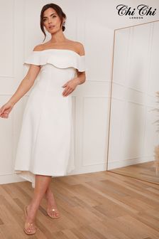 Chi Chi London White Bardot Ruffle Midi Dress (982661) | $174