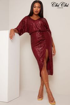 Chi Chi London Red V-Neck Glitter Midi Dress (982816) | kr1,168