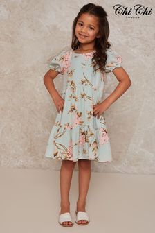Chi Chi London Blue Girls Puff Sleeve Floral Print Tiered Summer Dress (983087) | $56