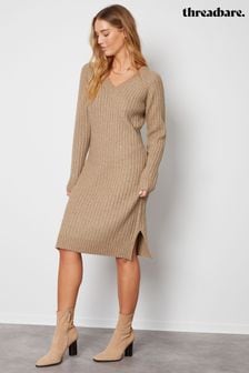 Threadbare Brown Petite V-Neck Knitted Midi Dress (983346) | AED116