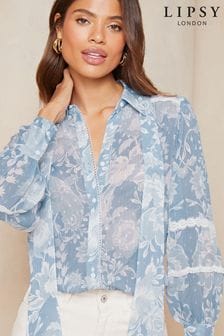 Lipsy Blue Chiffon Trim Detail Blouse (984403) | OMR19