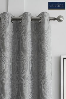 Curtina Grey Chateau Textured Chenille Damask Lined Eyelet Curtains