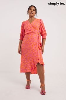 Różowa sukienka midi Simply Be o kroju kopertowym z marszczonym przodem (987681) | 122 zł