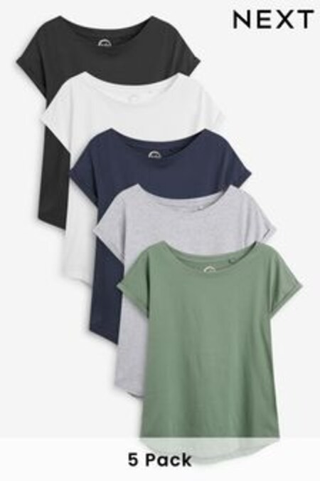 Grey/White/Black/Navy Blue/Khaki Green Cap Sleeve T-Shirts Five Pack (988559) | €33