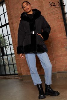 Chi Chi London Black Faux Fur Belted Padded Coat (988640) | kr1,038