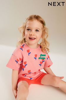 Imprimeuri cu lalele și flori Roz - Set bluză cu mânecă scurtă și pantaloni scurți (3 luni - 7 ani) (988991) | 66 LEI - 99 LEI