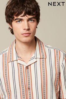 Textured Stripe Short Sleeve Shirt With Cuban Collar