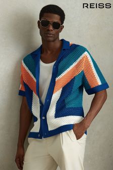 Reiss Bright Multi Panko Cotton Blend Crochet Cuban Collar Shirt (990415) | €229