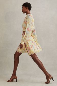 Reiss Pink/Yellow Lyla Floral Print Tie Waist Mini Skirt (990423) | CA$394