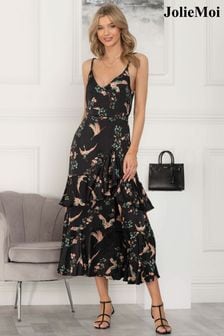 Черное атласное платье макси с принтом птиц Jolie Moi Retro (990452) | €49