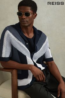 Reiss Navy Multi Panko Cotton Blend Crochet Cuban Collar Shirt (990620) | €229