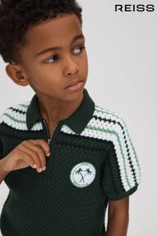 Reiss Dark Green Stark Senior Textured Cotton Half-Zip Polo Shirt (990651) | SGD 127