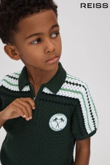 Reiss Dark Green Stark 9-13 yrs Textured Cotton Half-Zip Polo Shirt (990651) | $81