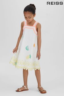 Reiss Ivory Print Arabella Junior Cotton Linen Broderie Dress (990964) | 574 SAR