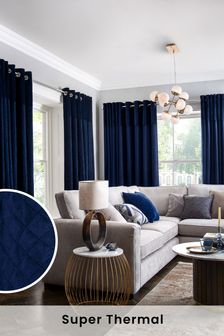 Navy Blue Velvet Quilted Hamilton Top Panel Eyelet Super Thermal Curtains (991089) | 102 € - 191 €