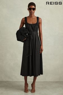 Reiss Black Liza Cotton Ruched Strap Belted Midi Dress (991144) | SGD 408