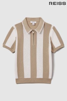 Reiss Soft Taupe/Optic White Paros Teen Knitted Striped Half-Zip Polo Shirt (991238) | €75