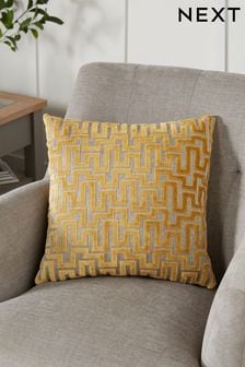 Ochre Yellow Fretwork Velvet Small Square Cushion (991408) | kr246