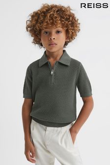 Reiss Dark Sage Burnham Teen Textured Half-Zip Polo T-Shirt (991713) | EGP3,960