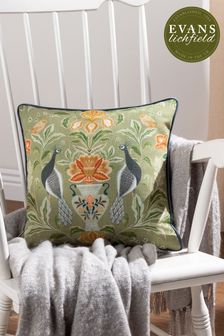 Evans Lichfield Green Chatsworth Peacock Country Floral Piped Cushion