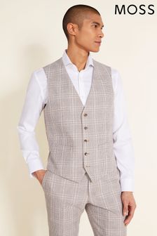 MOSS Tailored-Fit Natural Taupe Check Linen Waistcoat (993792) | €51