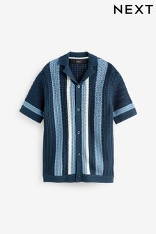Blue - Crochet Stripe Short Sleeved Polo Shirt (3-16yrs) (994271) | kr290 - kr380