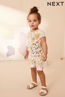 Pink/Yellow Floral - Ribbed Short Sleeve T-shirt And Cycle Shorts Set (3mths-7yrs) (995108) | kr130 - kr200
