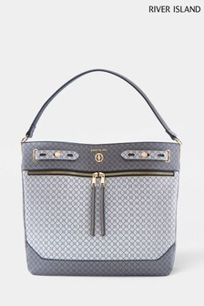 River Island Grey Monogram Zip Front Slouch Bag