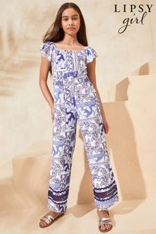 Lipsy Blue Print Square Neck Crinkle Jersey Jumpsuit (5-16yrs) (996650) | $49 - $63